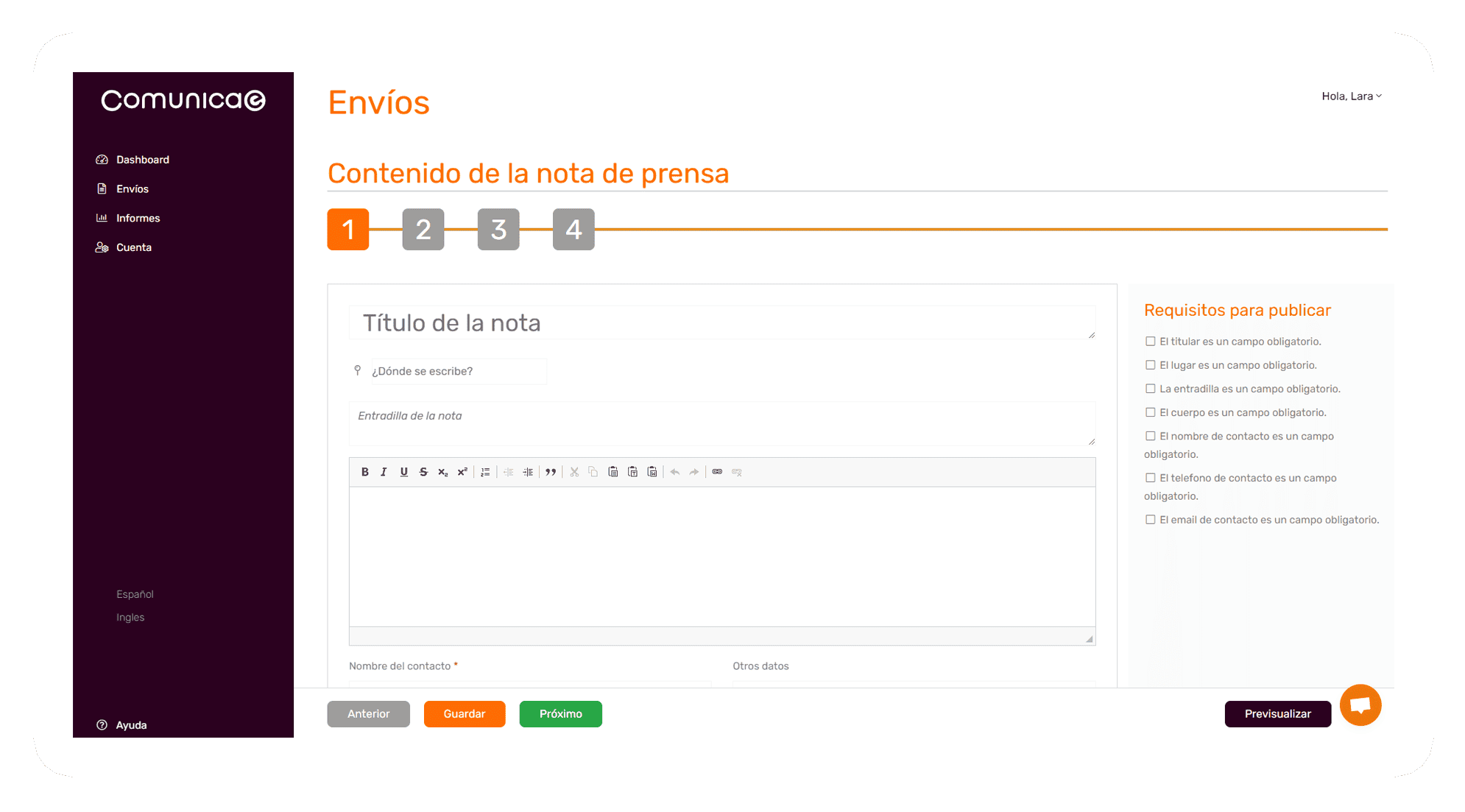 Redacte o seu comunicado